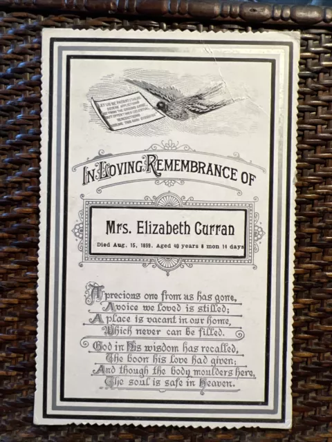Antique Funeral Cabinet Card Funeral - 1899 Elizabeth Curran