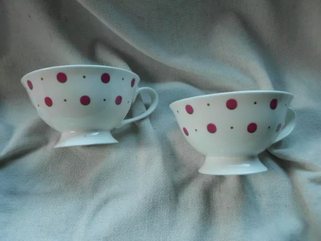 LAURA ASHLEY HOME ~ PAIR FOOTED TEACUPS in POLKA DOT SPOT PATTERN ~ WHITE & PINK 3