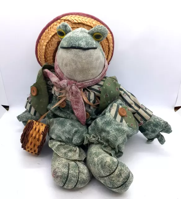 Vintage 1996 My Collection Frog W/ Fishing Pole & Worm Sits Up Plush Stuffed