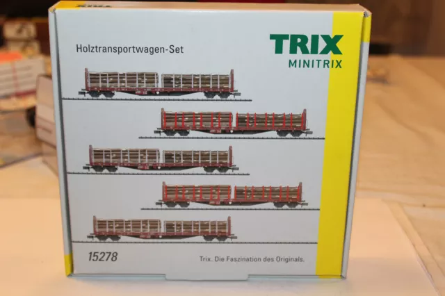 Minitrix 15278 Wagen-Set mit fünf Holztransportwagen Roos 639 - Neuwertig + OVP