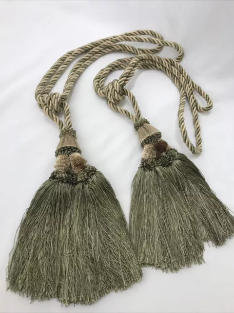 Art Deco Victorian Style Tieback Tassels Set 2 Curtain Drape Sage Green Beige