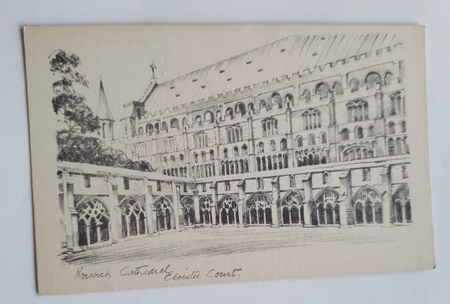 Unposted Vintage Pencil Sketch Reproduction Postcard - Norwich Cathedral (b)
