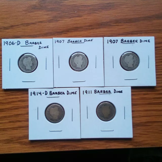 5 Different Dimes Barber Liberty Ten Cent Great Starter Set P D