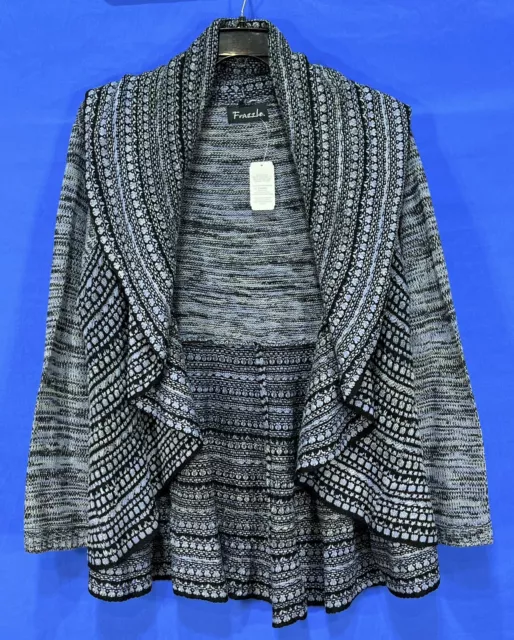 NWT FRAZZLE Blue/Black MARLED Crochet Knit DRAPED Open-Front CARDIGAN SWEATER L