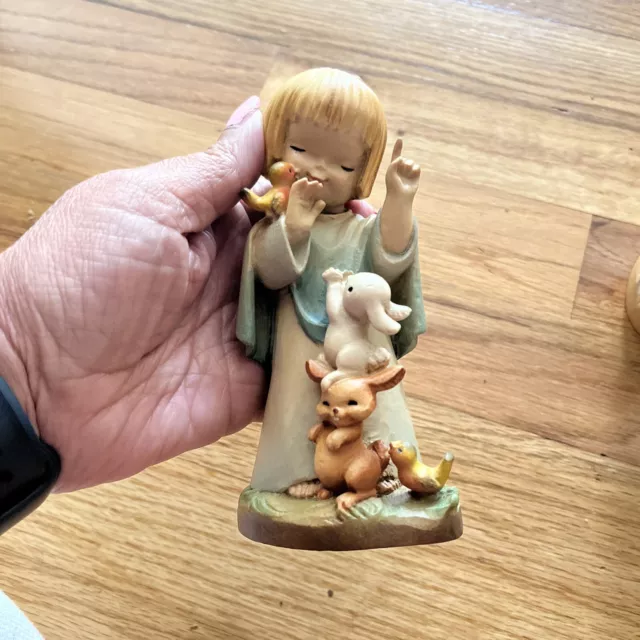 Vintage Anri Ferrandiz Girl with Bunnies & Birds Carved Wooden Figurine 7"