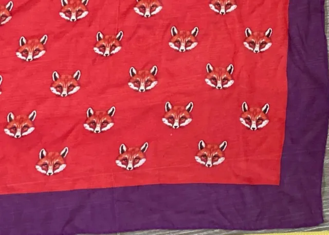 Tory Burch 100% Silk Fox Face Print Square Scarf, Red with Purple Trim 42x42 in