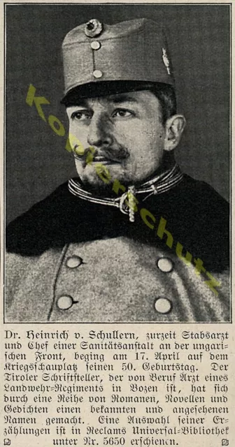 Dr. von Schullern Tiroler Schriftsteller Stabsarzt Landwehr-Regiment Bozen 1915