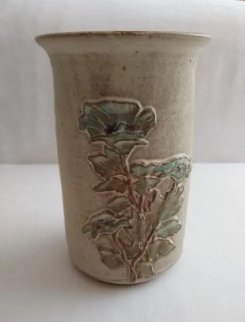 Vintage Tregaron Cymru Welsh Stoneware Studio Art Pottery Raised Floral Vase