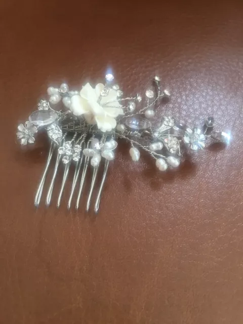 Petite White Floral Comb Silvery Wedding Hair Piece With Bead and Rhinestones