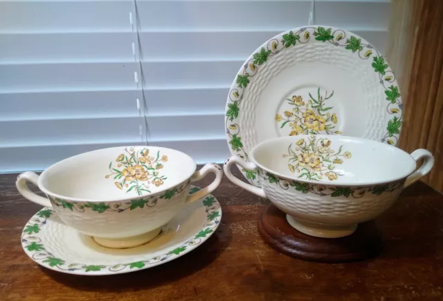 Vintage Minton's Set Of 2 Double-Handled Cream Soup/Bouillon Cup And Saucer Sets