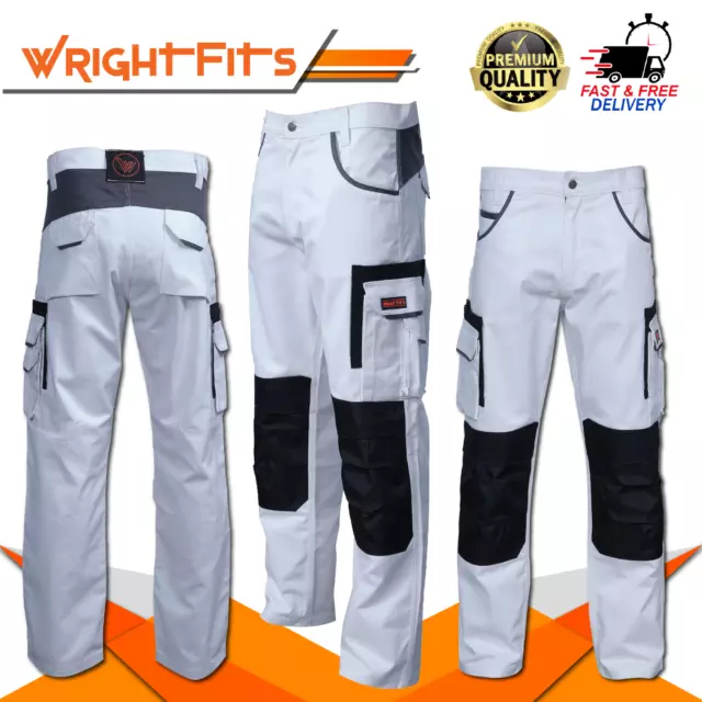 Mens Painters Decorators White Work Trousers With Cargo & Knee pad Pockets Pants