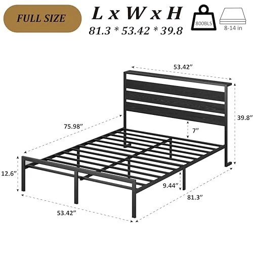 BED FRAME WITH Headboard and Footboard,Heavy Duty Steel Slats Full Wood