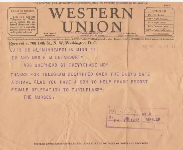 Western Union June 18 1937 Telegram Chevy Chase Md Wash DC ephemera a4