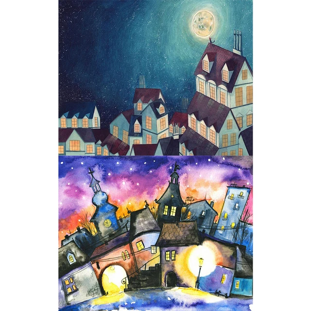 Pintura al óleo pintada a mano por números hágalo usted mismo pueblo dibujo nocturno decoración de pared regalo