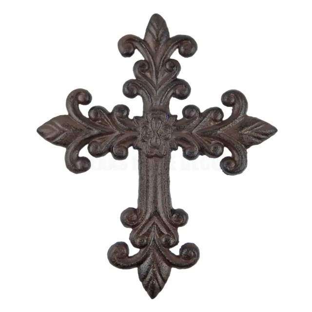 Fleur De Lis Cast Iron Wall Cross Rustic Finish Victorian Decor 10 x 8 1/2 inch
