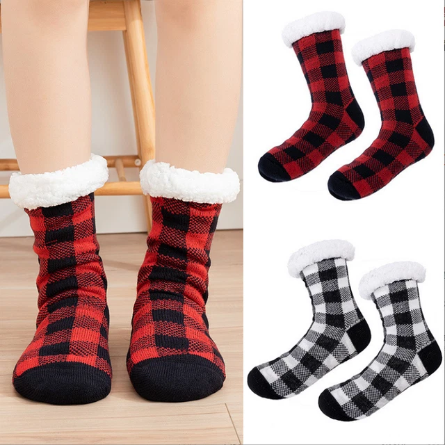 Womens Sherpa Socks Plaid Print Fleece Lined Thick Cozy Non Skid Slipper Socks