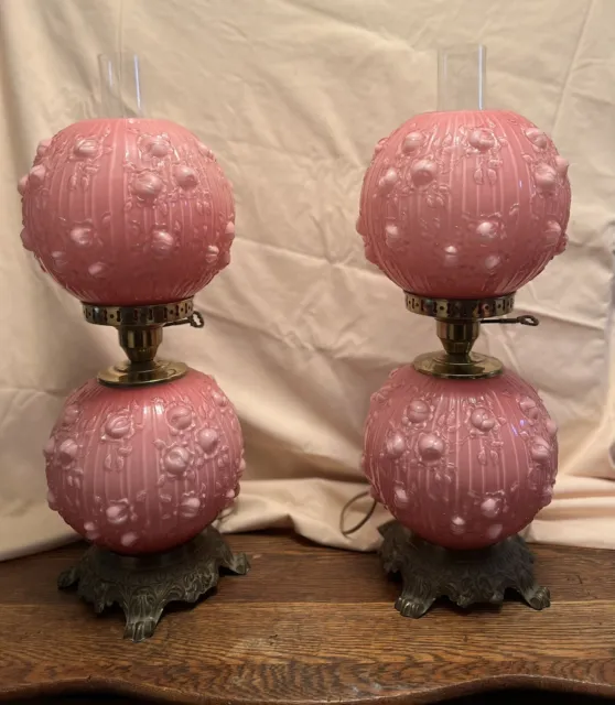 Vtg Fenton Pink Cabbage Rose Double bulb GWTW 3-Way Lamp