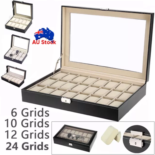 12 - 24 Grids Watch Box Black Storage Case Jewelry Display Organizer Gift