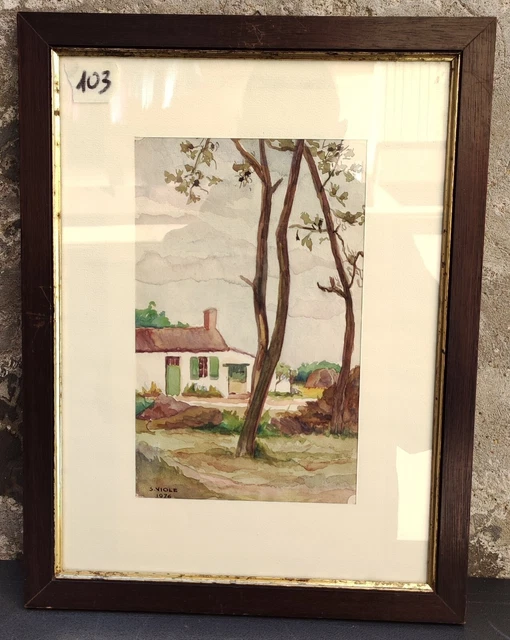 Acquerello Quadro Paesaggio Casa Alberi Firmato Viole 1976 Dipinto Originale