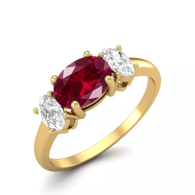 5X3MM OVAL SHAPE Ruby Synthetic 10k Yellow Gold Three Stone Women ...