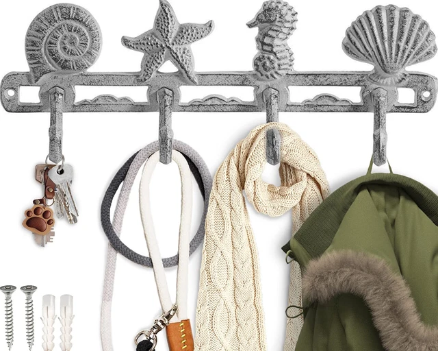 Vintage Seashell Coat Hook Hanger by  - Rustic Cast Iron Wall Hanger W/ 4 Decora