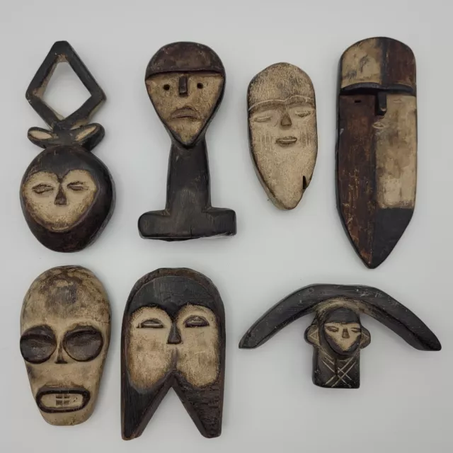 African Tribal Miniature Mask Pendant Collection Gabon Hand Carved Wood Central