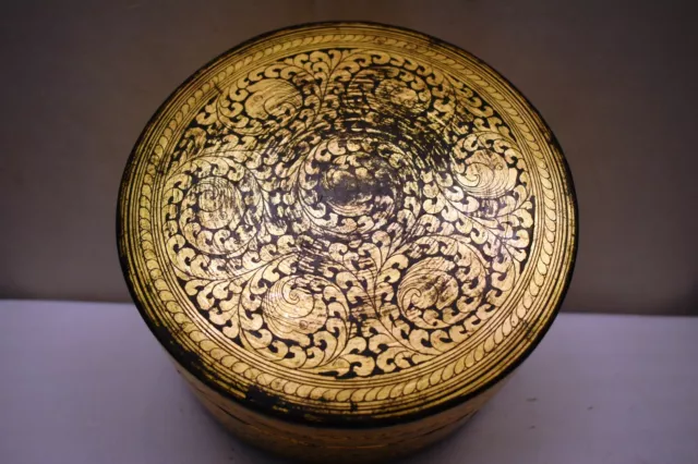 Antique Burmese Betel Nut Box Gilt Lacquerware Myanmar Floral Gold Painted Old"3 3