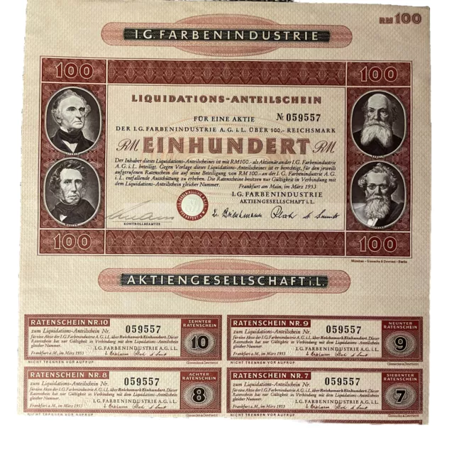 I.G. Farbenindustrie 100 Anteile Liquidationsschein 1953 Frankfurt a.M. 100 RM