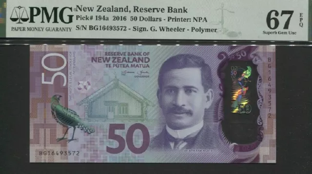 2016 NEW ZEALAND 194a 50 DOLLARS SIR NGATA PMG 67 EPQ SUPERB GEM UNC 69/ 465568