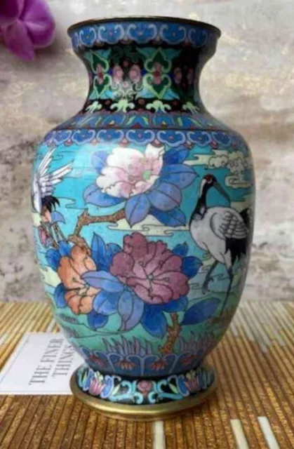 RARE Beautiful Cloisonne Vase w Cranes and a Floral Design- Great Quality! 3