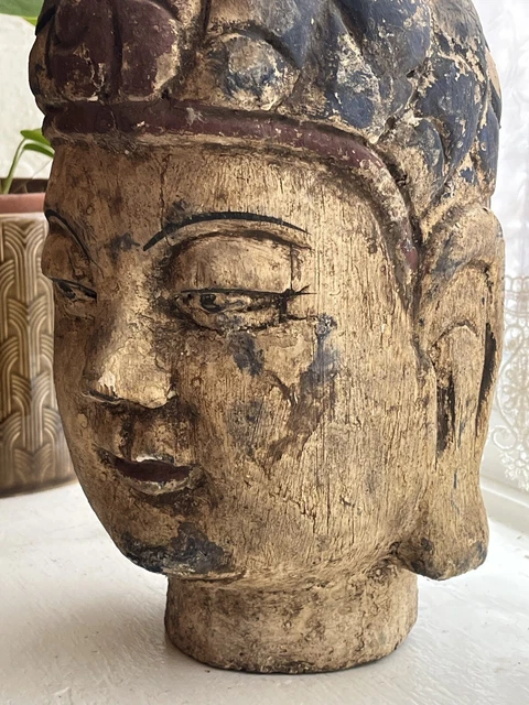 19th Century Antique Asian Buddha Statue Wooden Carved Polychrome Painted