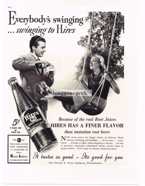 1937 HIRES ROOT BEER Woman on Swing Vintage Ad