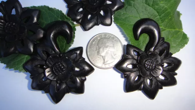 Pair HandCarved Tribal Floral Areng Wood Flower Ear Spiral Expander Plugs Gauges