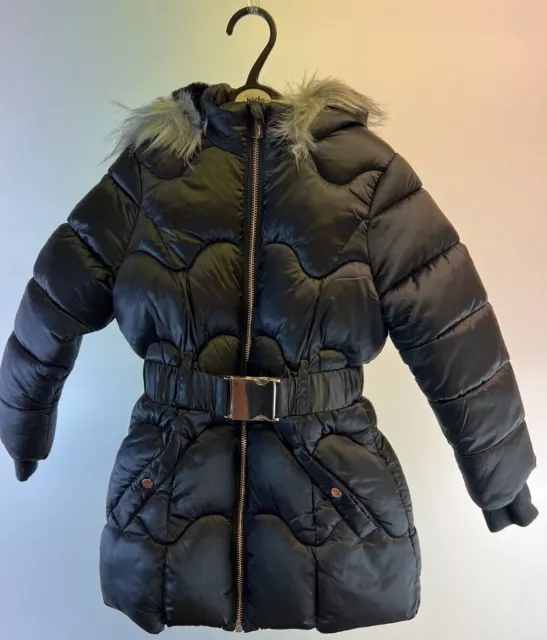 Girls Padded Coat Fur Hooded Quilted Lined Winter Black  Jacket Age 3 - 10 Years