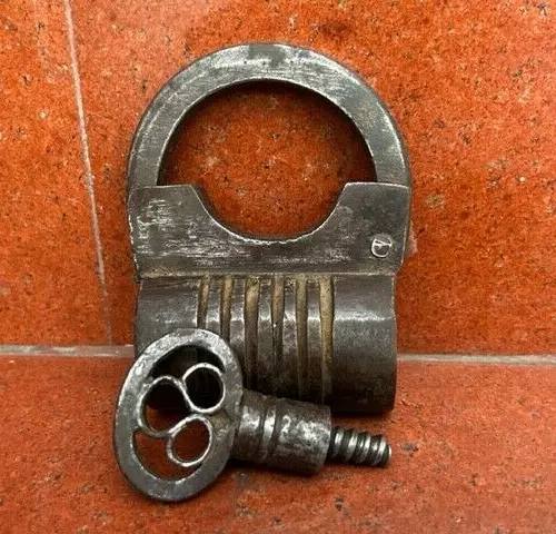 Old Vintage Rustic Iron Handmade Barrel Shape Heavy Iron Big Padlock, With Key