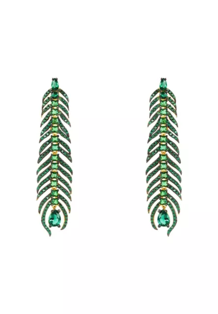 Long Paon Plume Boucles Vert Zircone or Jaune Fantaisie Goutte Feuille Gemme