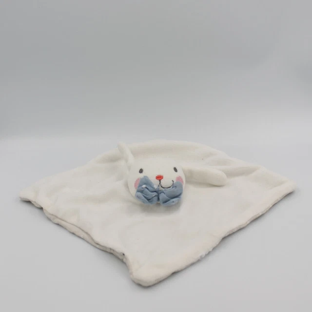 Doudou plat lapin blanc gris étoiles lunes noeud papillon bleu - 29226
