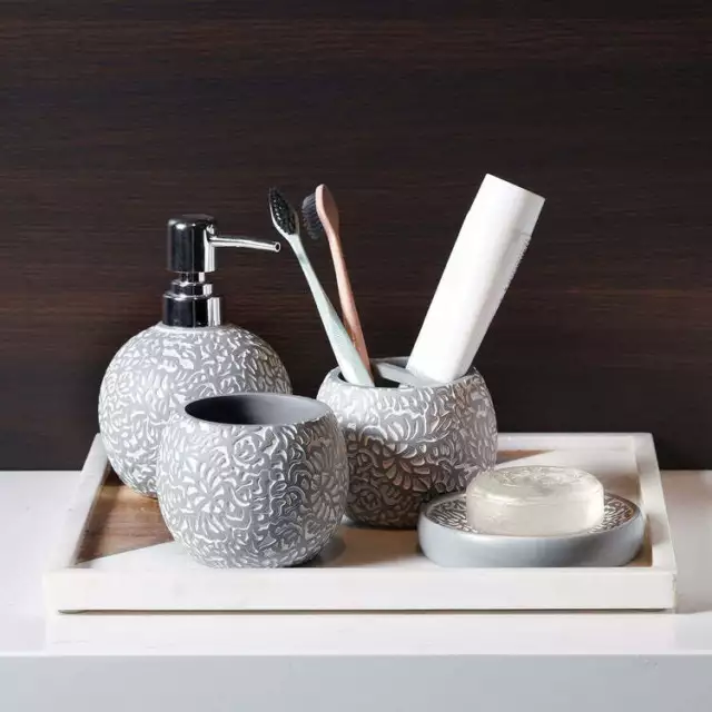 4 Piece Gray Resin Bathroom Accessory Set with Floral Embossed Design