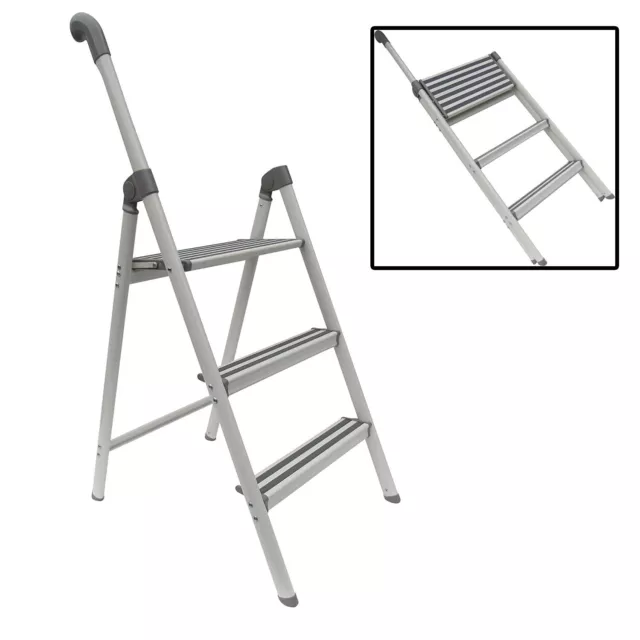 3 Step Ladder with Handle Support Rail Folding Aluminium Lightweight Stepladder