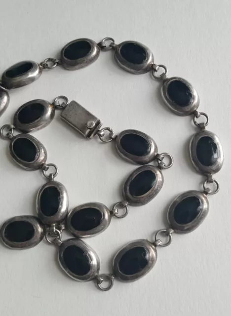 Vintage Sterling Silver Black Onyx Inlay Necklace Taxco Mexico Modernist