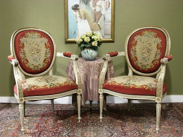 Pair French Louis Xvi Style Armchairs ~ Painted Finish, Tapestry Upholstery