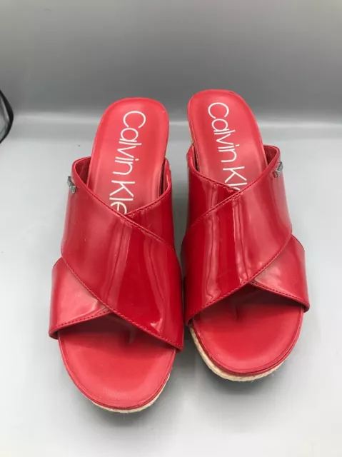 Calvin Klein Womens Red Sandal Slides Wedge Heel Patent Leather 9