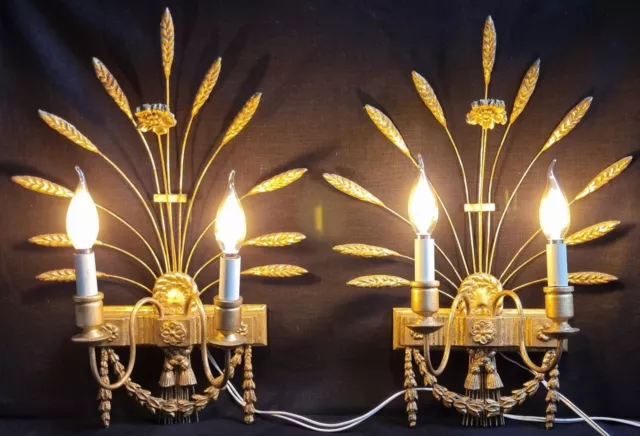 Vintage Pair Of Whatsheaf Wall Lights Hand Carved Wooden Harebells & Cornflowers