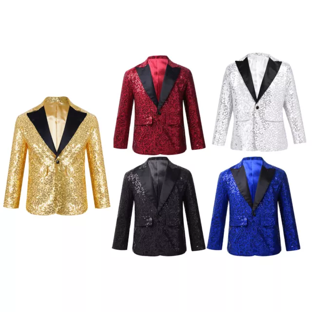 Boys Shiny Sequin Lapel Jacket Coat Glitter Blazer Tuxedo Banquet Party Costumes