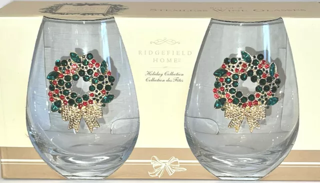 x2 Christmas Rhinestone Wreath Stemless Wine Glass Set Gold Green Red  Holiday