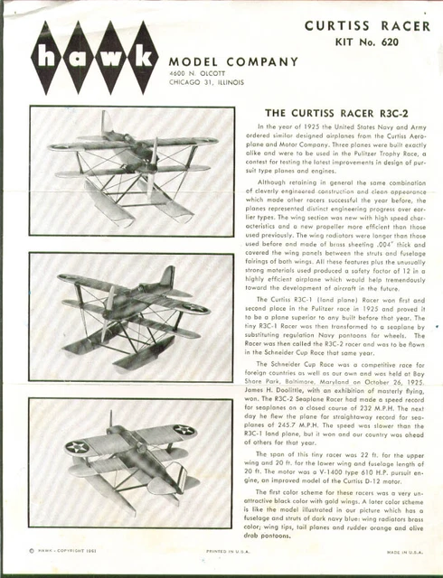 Curtiss R3C-2 Racer Hawk Model Kit Instructions 1961