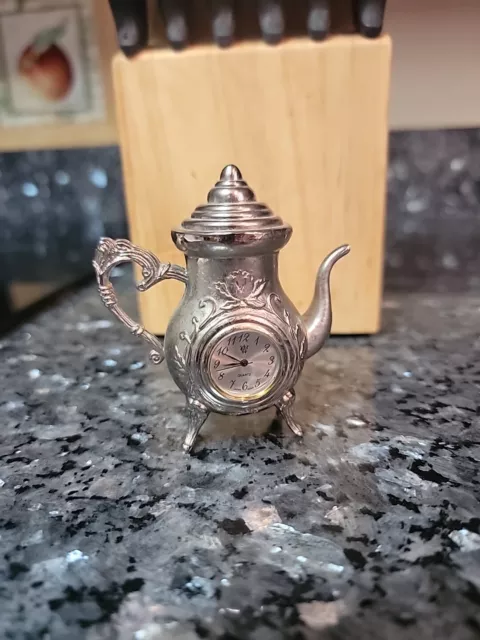 Vintage Silver Tone Case Miniature Teapot Clock