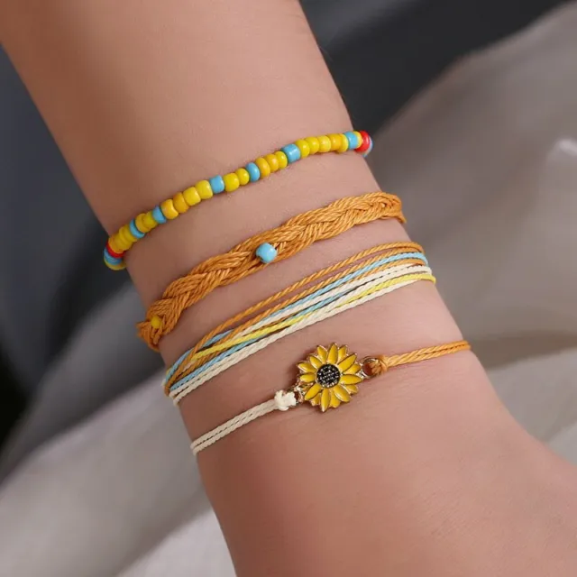 4pcs/set Braided Daisy Sunflower Bracelet Adjustable Bangle Women Men Jewellery