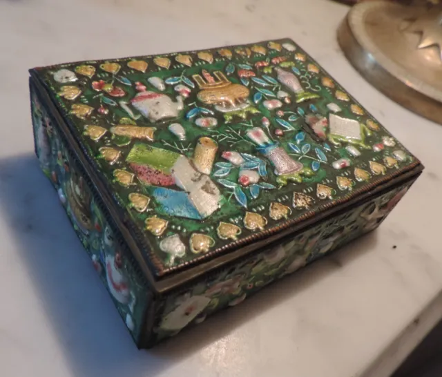 Antique Chinese Cloisonne Enamel Relief Box Famille Rose Precious Objects Export