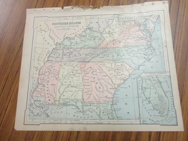 NICE COLOR MAP of TheSouthern States/East. Printed 1896 by American ...